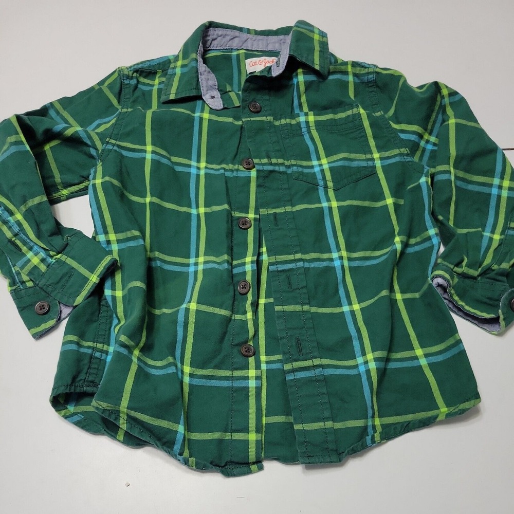 Cat & Jack Top Boys 4/5 Button Front Shirt Green Plaid Pocket Collar 100% Cotton